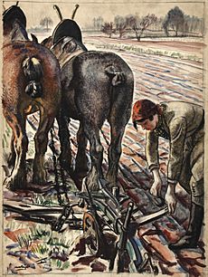 INF3-108 Food Production Horse-drawn plough, land girl Artist Laura Knight