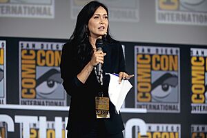 Jessica Chobot speaking at the 2019 San Diego Comic Con International, for "The Eternals", at the San Diego Convention Center in San Diego, California. Please attribute to Gage Skidmore if used elsewhere.