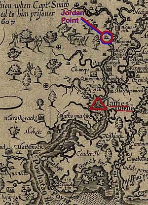Location of Native American settlement at Jordan Point upstream from Jamestown on the James River circa 1607 (from Smith and Hole's 1624 map of Virginia).