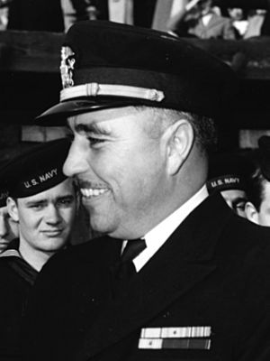 LCdr. Commander Ernest E. Evans, U.S. Navy, at the commissioning ceremonies of USS Johnston (DD-557) at Seattle, Washington (USA), on 27 October 1943 (NH 63499) (cropped).jpg