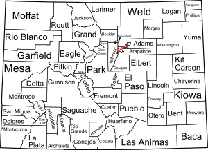 Map of Colorado counties, labelled