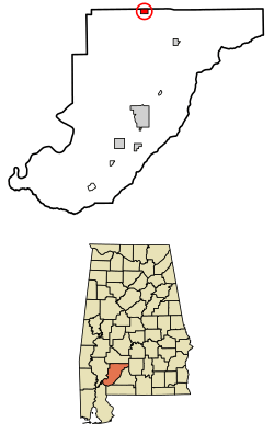 Location of Vredenburgh in Monroe County, Alabama.