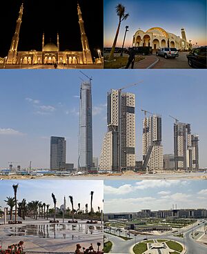 From top, left to right:  Al-Fattah al-Aleem Mosque, Cathedral of the Nativity of Christ, view of the central business district, Green River Park, view of the government district