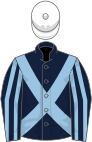 Dark blue, light blue cross belts, striped sleeves, white cap
