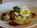 Potato galettes with quail eggs