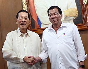 President Rodrigo Roa Duterte shakes hands with Former Senator Juan Ponce Enrile