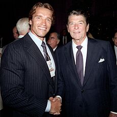 President Ronald Reagan with Arnold Schwarzenegger Retouched (cropped)