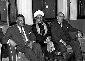 Presidents Gamal Abdul Nasser and Shukri al-Quwatli receiving Yemeni Crown Prince Mohammad Badr in Damascus in February 1958 congratulating them on formation of the United Arab Republic
