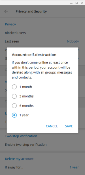 Telegram account self-destruction