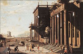 Vicente Giner - A capriccio view of a palace with ruins and figures