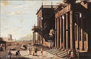 Vicente Giner - A capriccio view of a palace with ruins and figures