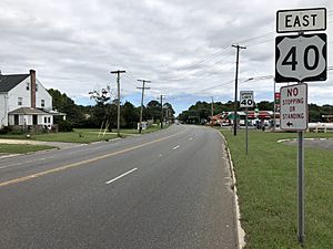2018-09-15 14 46 26 View east on U.S. Route 40-south on Atlantic County Route 557 (Harding Highway) at New Jersey State Route 54 (Blue Anchor Road)-Atlantic County Route 619 (Wheat Road) in Buena Vista Township, Atlantic County, New Jersey