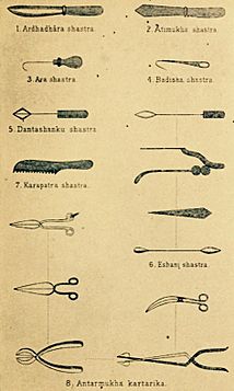 Ancient Hindu text Sushruta samhita shastra and kartarika, surgical instruments 1 of 4