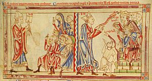 Becket excommunicates the guilty, and meets the kings - Becket Leaves (c.1220-1240), f. 2r - BL Loan MS 88