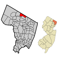 Map highlighting Montvale's location within Bergen County. Inset: Bergen County's location within New Jersey.
