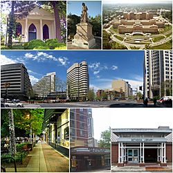 From top: Bethesda Meeting House, Bethesda's Madonna of the Trail statue, the National Institutes of Health, downtown Bethesda near the Bethesda Metro station, Bethesda Avenue at night, Bethesda Theatre, and the Connie Morella  Library.