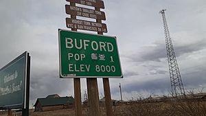 Town sign for Buford as of April 2020