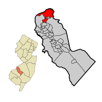 Pennsauken Township highlighted in Camden County. Inset: Location of Camden County in the State of New Jersey.