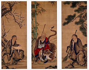 Fengkan Hanshan and Shade Ueno Jakugen Triptych hanging scrolls coloe on silk