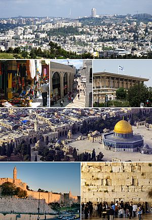 From upper left: Jerusalem skyline looking north from St. Elijah Monastery, a souq in the Old City, Mamilla Mall, the Knesset, the Dome of the Rock, the citadel (known as the Tower of David) and the Old City walls, and the Western Wall.