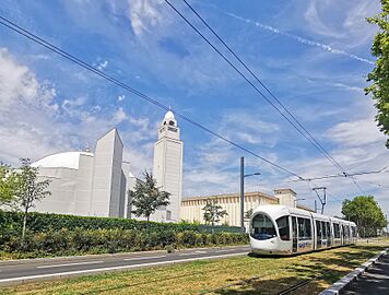 Le T6 passe devant la grande mosquée de Lyon