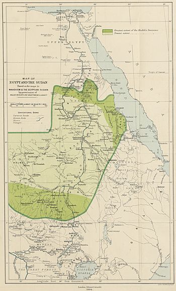 Mahdist Sudan's approximate territory in 1894 (light green) and approximate maximum limits (dark green).