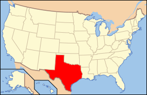 Map of the United States with Texas highlighted.