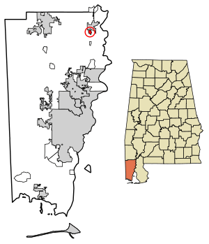 Location of Movico in Mobile County, Alabama.