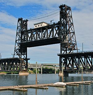 Portland Steel Bridge with lift span raised - viewed from west