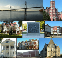 From left to right: The Bayview Bridge, Francis Hall on the Quincy University campus, Quincy Museum, Lincoln-Douglas debates mural in Washington Park, intersection of 8th and State in the South Side German Historic District, John Wood Mansion, neighborhood in the Northwest Historic District [top], the Oakley-Lindsay Center [bottom], the Gardner Museum of Architecture and Design