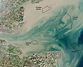 Thames Estuary and Wind Farms from Space NASA with annotations