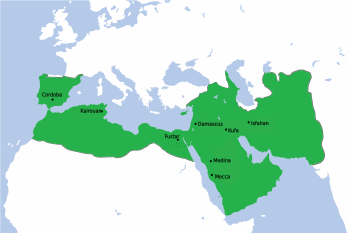 The Umayyad Caliphate at its greatest extent in AD 750