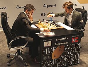 World Chess Championship 2021, game 11, Ian Nepomniachtchi and Magnus Carlsen (cropped)