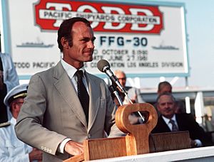 Barry Goldwater Jr. speaks during christening and launching ceremonies for the guided missile frigate USS REID (FFG 30) at the Todd Pacific Shipyards Corp