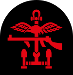  Combined Operations Shoulder Patch    Insignia of Combined Operations units it is a combination of a red Thompson submachine gun, a pair of wings, an anchor and mortar rounds on a black backing