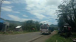 A bus on the street in the City of Bima at noon.