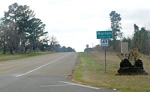 Entering Marion County, Texas, from Louisiana, along Texas State Highway 49