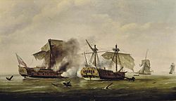 Francis Holman - H.M.S. Quebec ablaze at the end of her epic struggle with the French frigate Surveillante, 6 October 1779 CSK 2016
