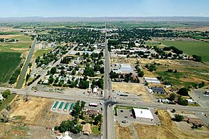 An aerial view of Gooding, Idaho, from the South. The road in the middle of the photo is Highway 46.