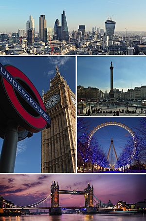 Clockwise from top: City of London skyline, Trafalgar Square, London Eye, Tower Bridge and a London Underground roundel in front of Elizabeth Tower