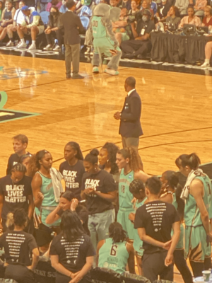 New York Liberty WNBA Team staff wearing Black Lives Matter T-Shirts during a game on June 19,2022