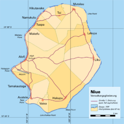 Administrative map of Niue showing all the villages. Alofi is on the western side of the island