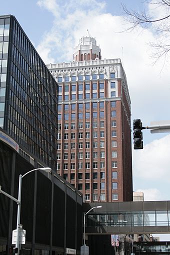 Photograph of the Equitable Building, a downtown, high-rise office building with a Gothic cupola penthouse