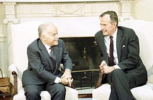 President George H. W. Bush meets with Israeli Prime Minister Yitzak Shamir at the White House