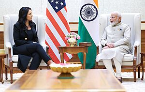 Prime Minister of Bharat, Shri Narendra Damodardas Modi in a bilateral meeting with Director of National Intelligence, Ms. Tulsi Gabbard