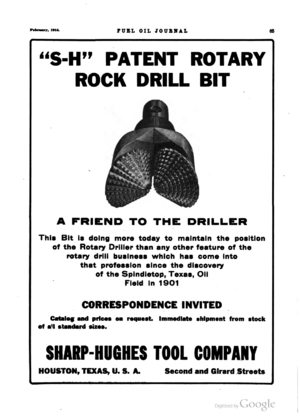 Sharp-Hughes Tool Company advertisement in Fuel Oil Journal (February 1914)
