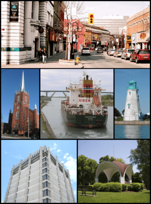 From top, left to right: The corner of St. Paul and Queen streets, the Silver Spire United Church on St. Paul, a ship traversing the Welland Canal with the Garden City Skyway in the background, the lighthouse of Port Dalhousie, the Arthur Schmon Tower of Brock University, and the gazebo in Montebello Park