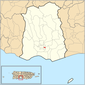 Location of barrio Tercero within the municipality of Ponce shown in red