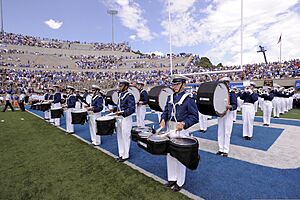 The U.S. Air Force Academy Drum and Bugle Corps performs prior to the start of the Air Force Falcons opening football game against the Idaho State Bengals at Falcon Stadium in Colorado Springs, Colo., Sept 120901-F-ZJ145-438