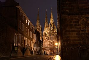 The entrance to Cathedral Close, Lichfield, with Lichfield Cathedral in the background